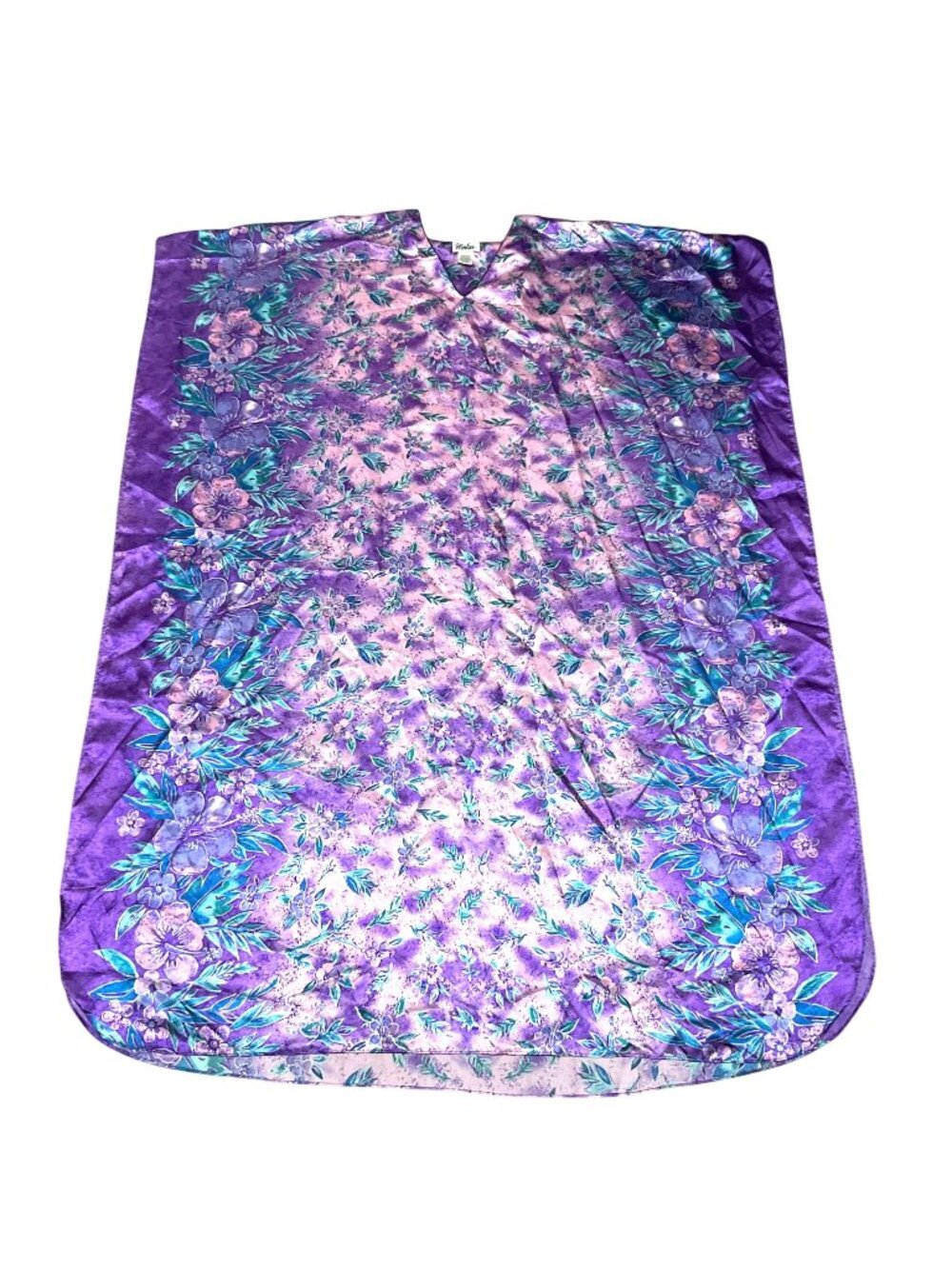 Winlar Purple Floral Satin Caftan One Size V-Neck Lightweight Lounge Mrs. Roper